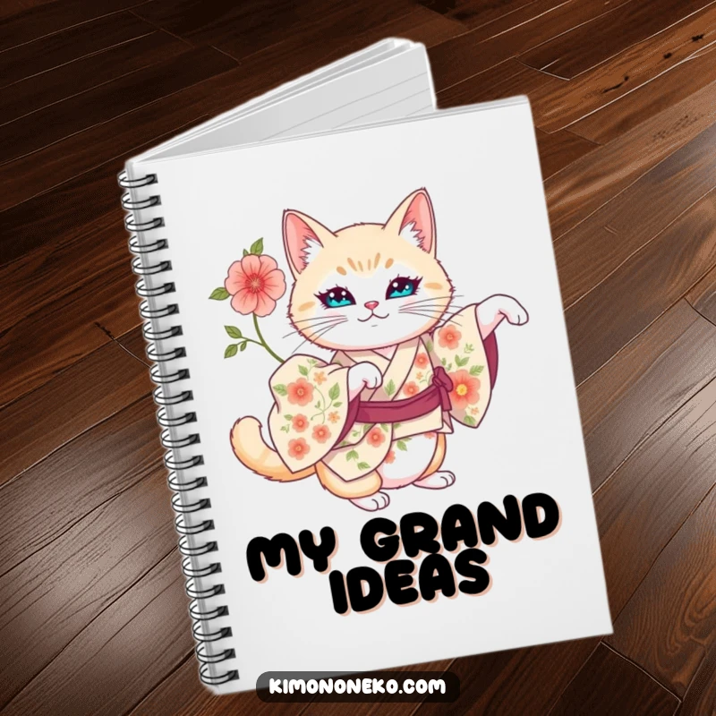 Funny notebook cover with an artistic cat in a floral kimono, stretching regally.