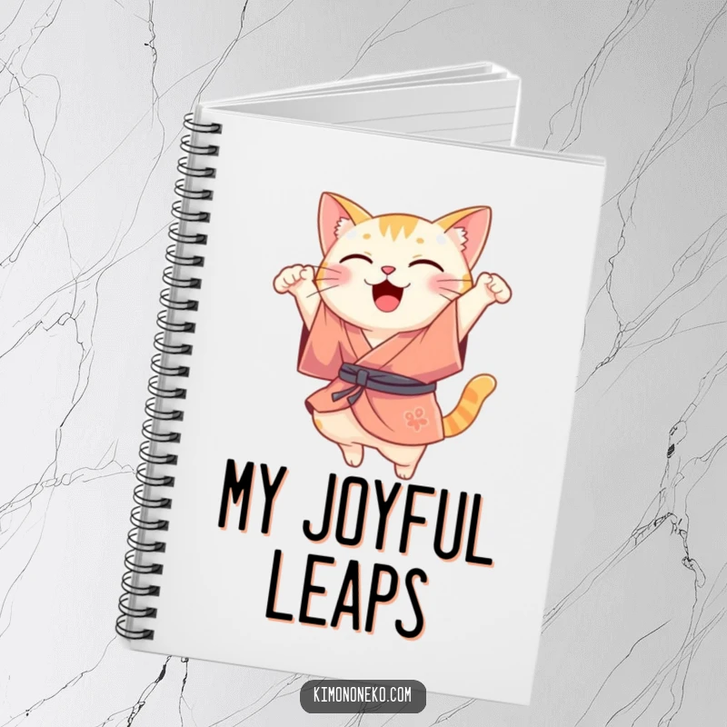 Funny Kawaii cat in a silk kimono, performing a joyful leap, a cute and funny notebook.
