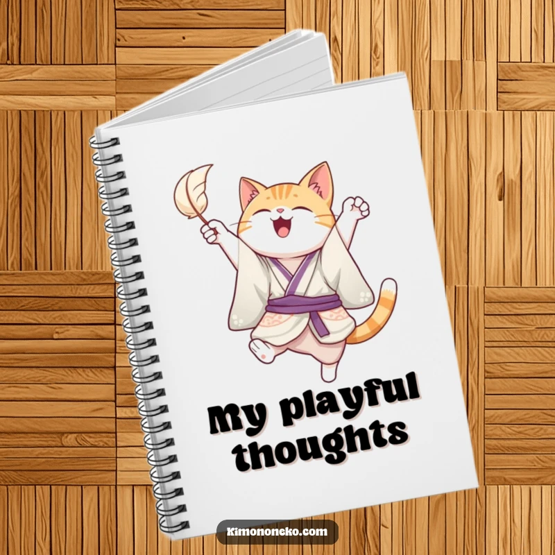 Funny notebook cover featuring a joyful cat in a kimono, leaping playfully to catch a floating feather, inspiring creative and fun note-taking.