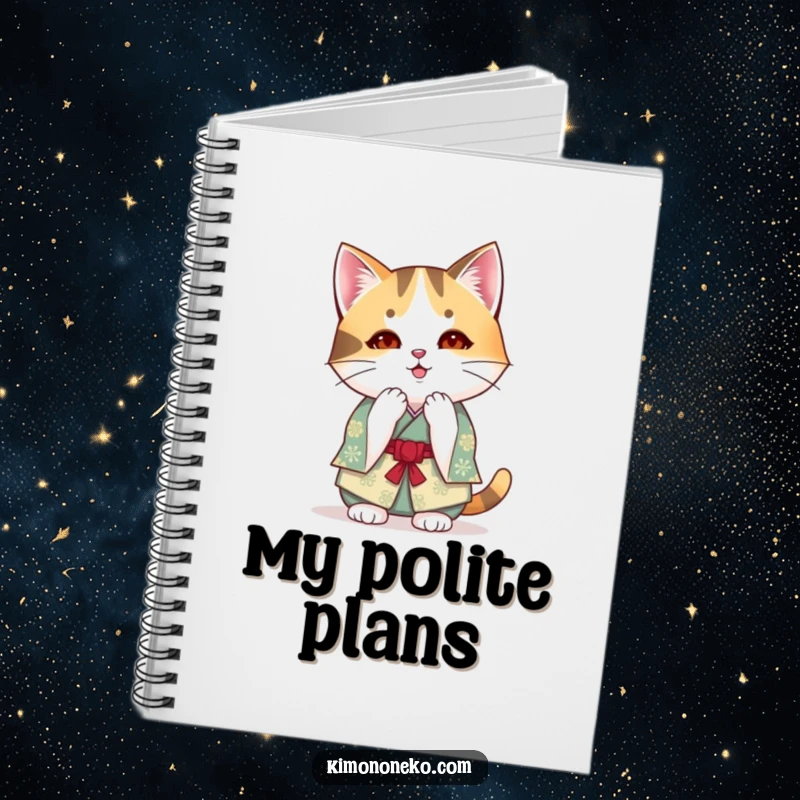 Funny kawaii calico cat in a festive kimono bowing on a notebook, ideal for humorous journaling and anime fans.