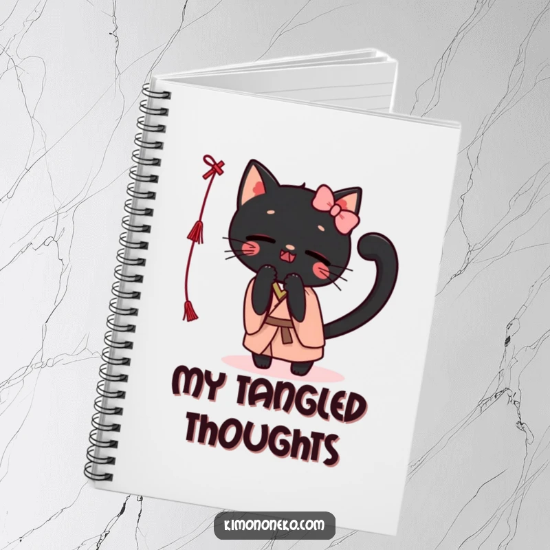 Funny Kawaii black cat in a kimono, playfully batting at a string, inside a notebook for jotting down ideas with humor.