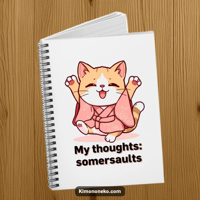 Funny Kawaii cat in a whimsical kimono doing a clumsy somersault, lined journal, cute stationery.