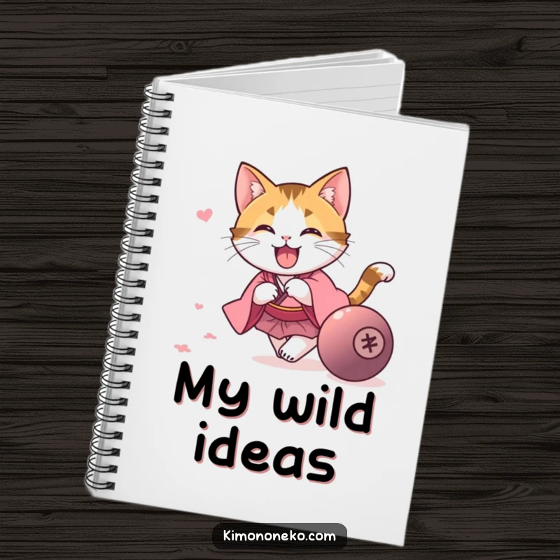 Funny kawaii calico cat in a pink kimono, chasing a rolling ball, on the cover of a lined notebook, a funny stationary gift.