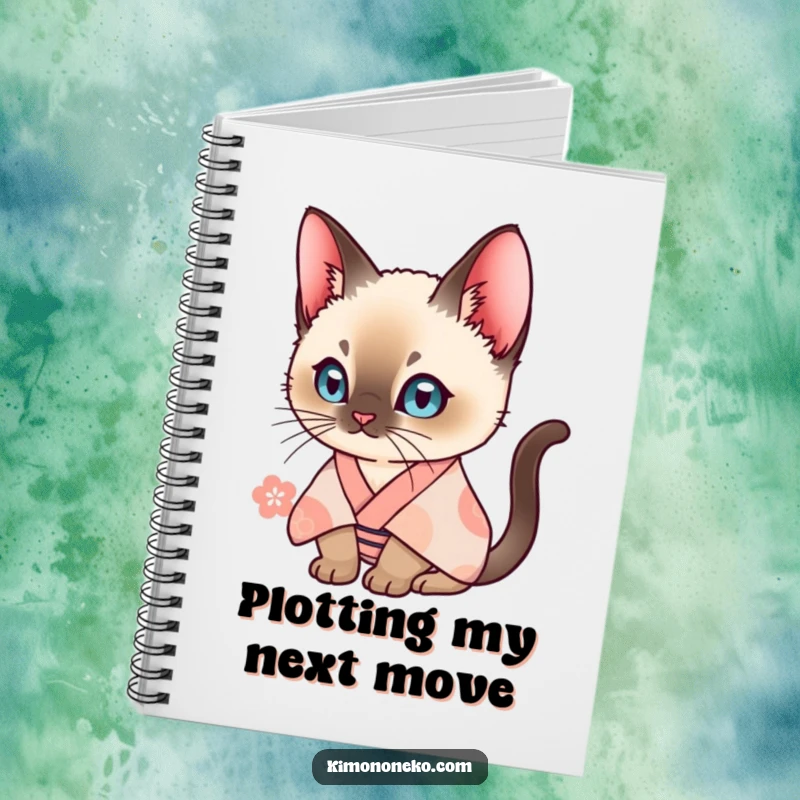 Funny Siamese cat in a patterned kimono, looking curious. A humorous notebook for journaling and note-taking.