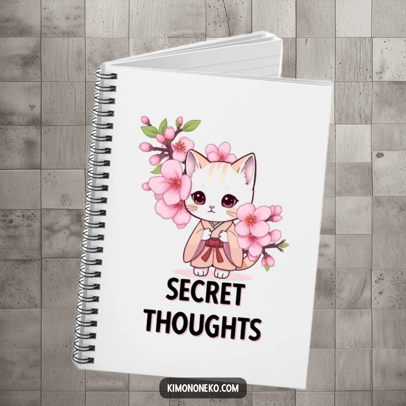 Funny notebook cover with a shy cat in a simple kimono, peeking from behind a cherry blossom.
