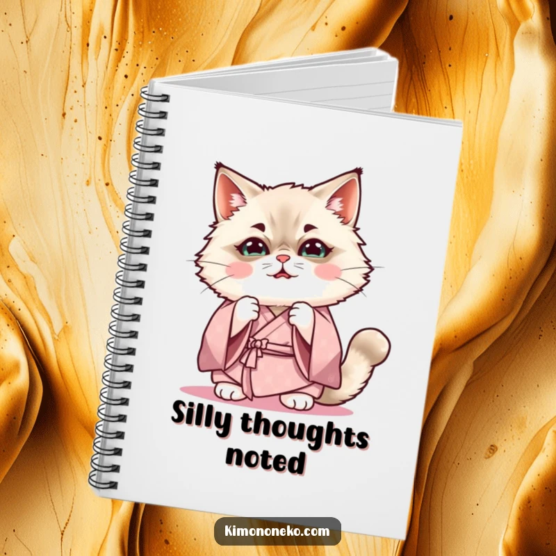 Funny Kawaii Ragdoll cat in soft kimono practicing a funny expression, cute anime notebook, gift.