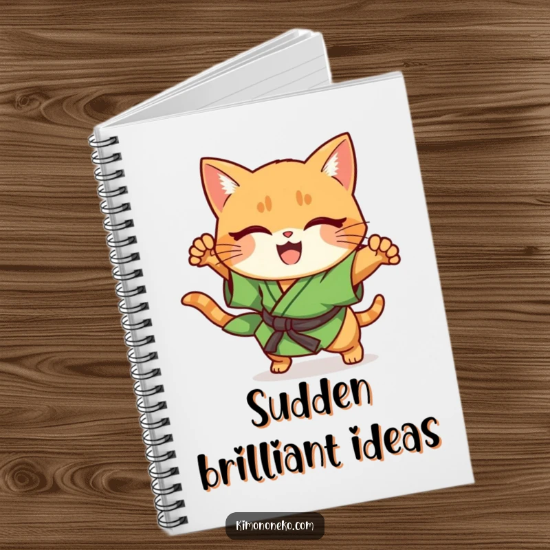 Funny ginger cat in green kimono, performing a sudden pounce, kawaii style notebook.