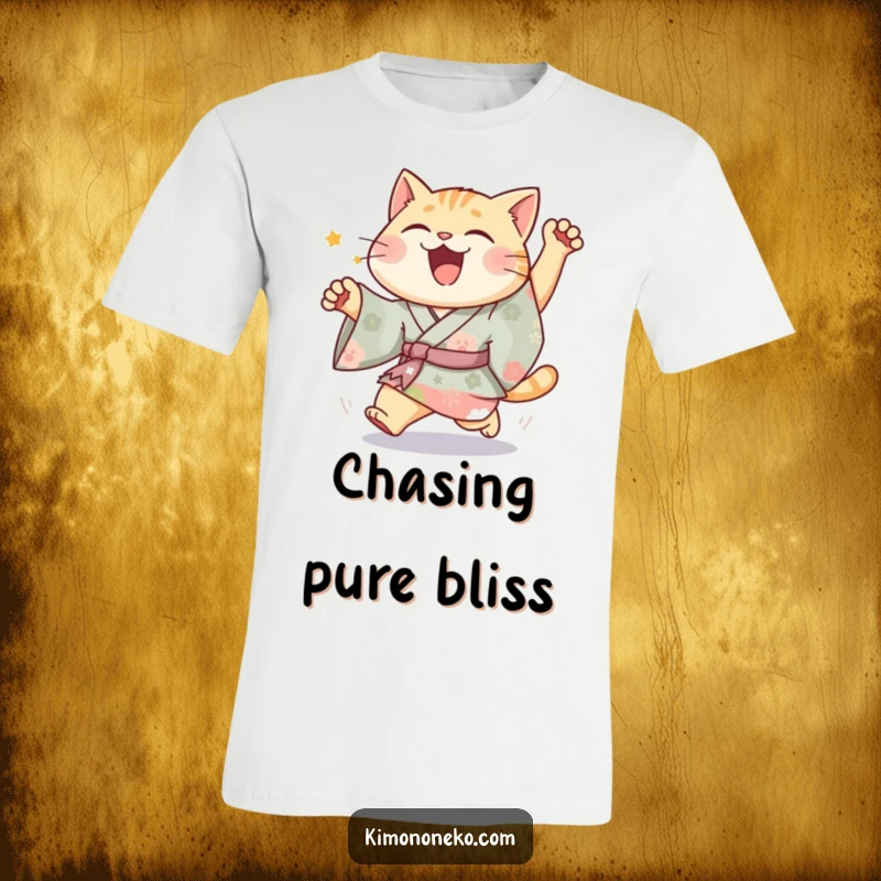 Funny Joyful Cat Kimono T-Shirt illustrating a happy cat in vibrant attire, in a silly chase, perfect for fun and humor.