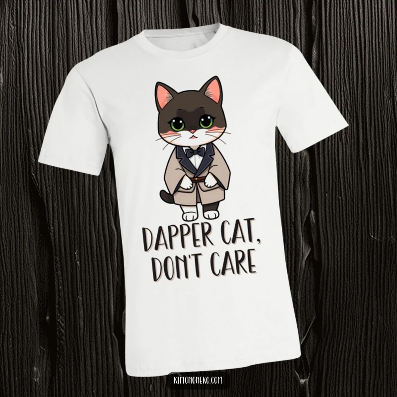 Funny Tuxedo Cat T-Shirt with a cat dressed in a formal kimono, looking incredibly suave and chic.