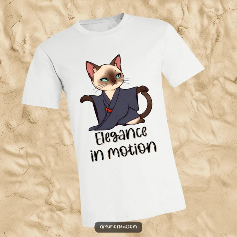 Funny Siamese Cat T-Shirt: A sleek Siamese cat dressed in a dark kimono elegantly stretches, exuding grace and style.