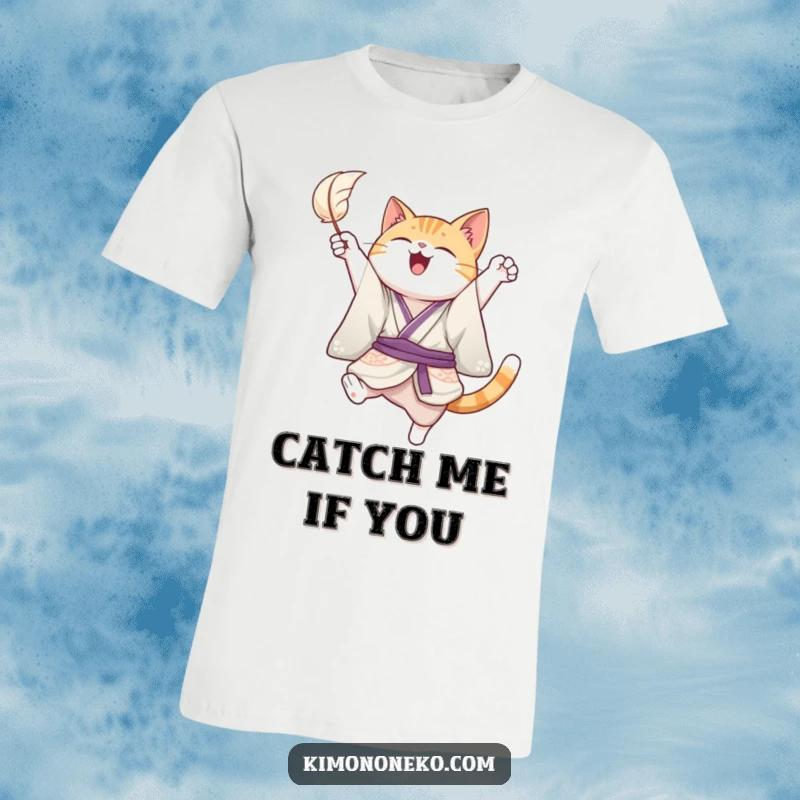 Funny t-shirt showing a joyful cat in a kimono, in a playful leap trying to catch a floating feather, embodying pure happiness and amusement.