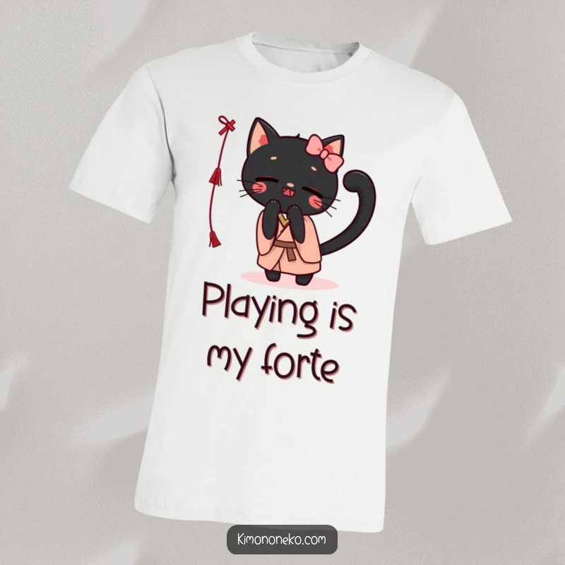 Funny Kawaii black cat in a simple kimono, playfully batting at a string, designed for cat lovers seeking humor and cuteness.