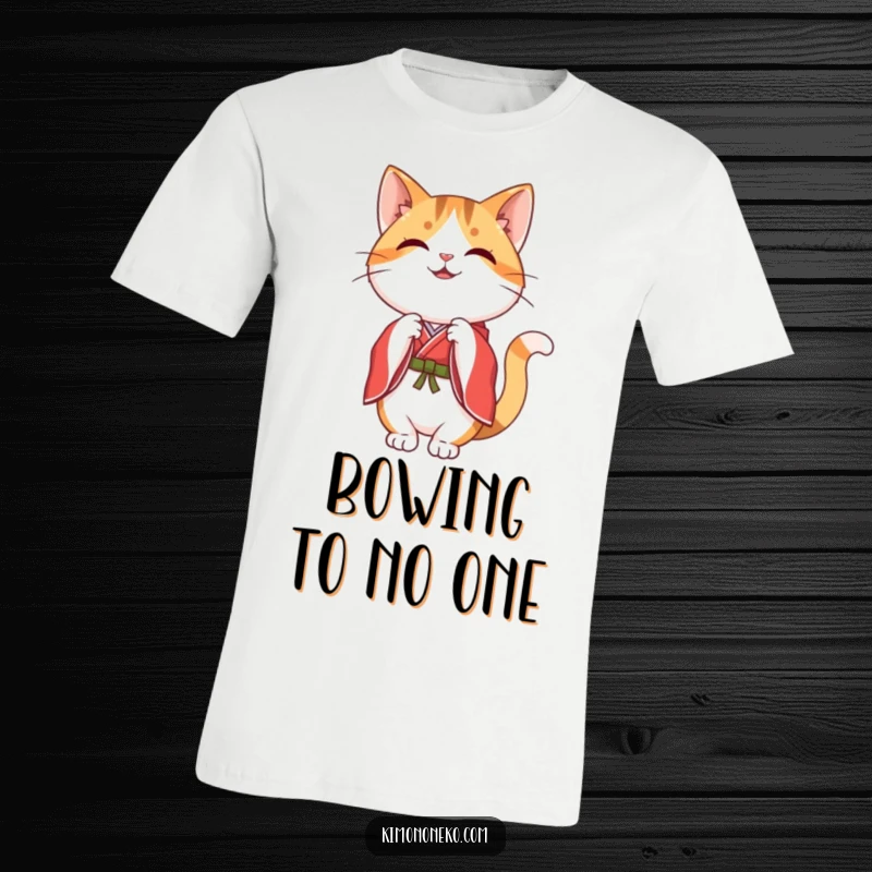 Funny happy kawaii calico cat in a red and white kimono, executing a graceful bow, printed on a soft t-shirt.