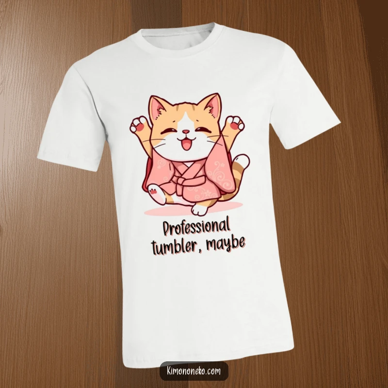 Funny Kawaii cat in a whimsical kimono doing a clumsy somersault, graphic t-shirt, cartoon art.