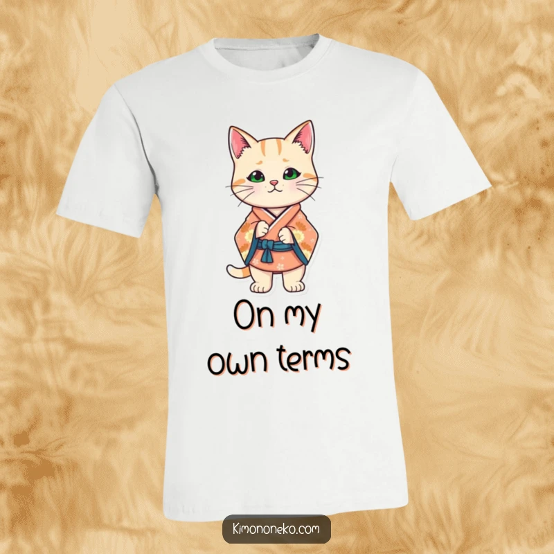 Funny Kawaii cat in a stylized kimono, striking a confident stance, showcasing bold fashion and attitude.