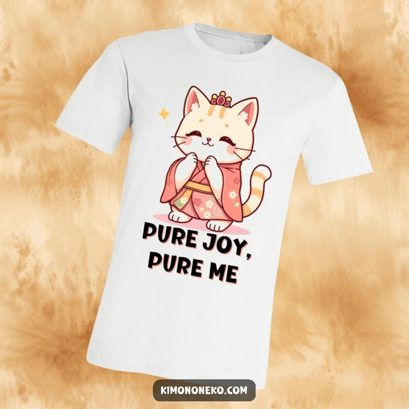 Funny Kawaii cat in a festive kimono, enthusiastically clapping its paws, a wearable banner of happiness.