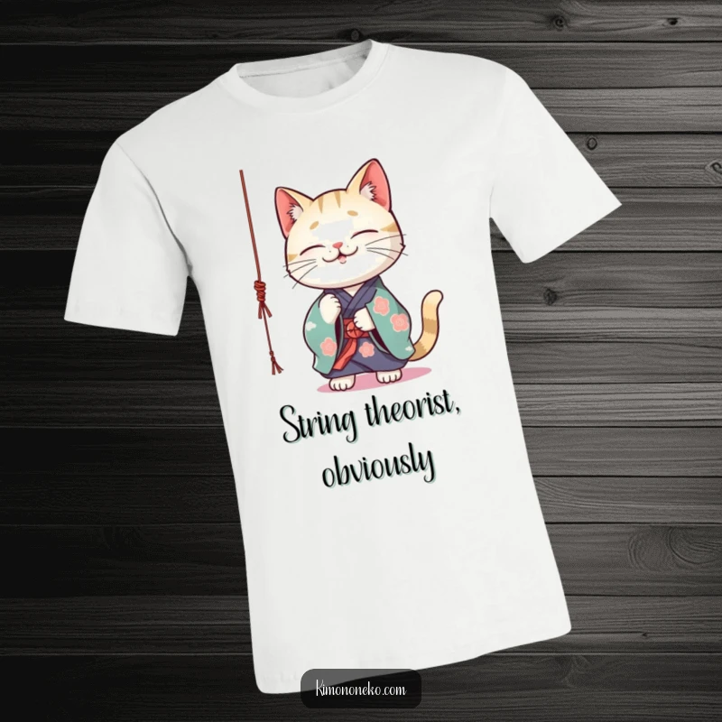 Funny Kawaii cat in a vibrant kimono playfully batting at a dangling string, graphic t-shirt, cute art.