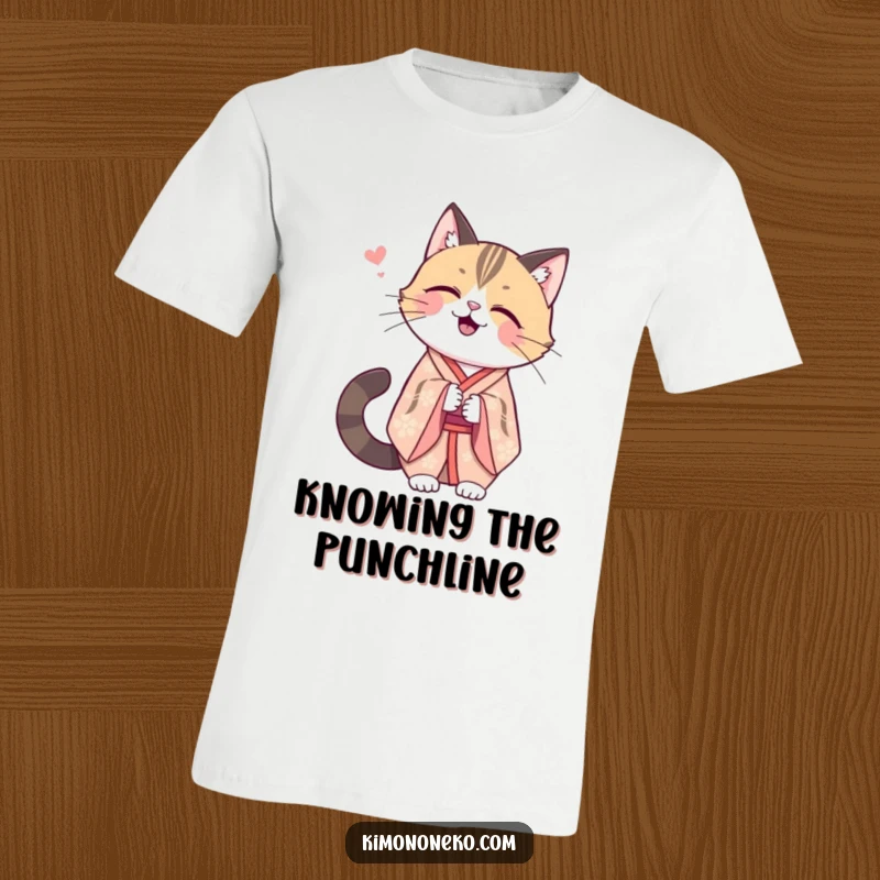 Funny Kawaii cat in an elegant kimono, sharing a secret giggle, soft cotton tee with a hidden sense of humor.