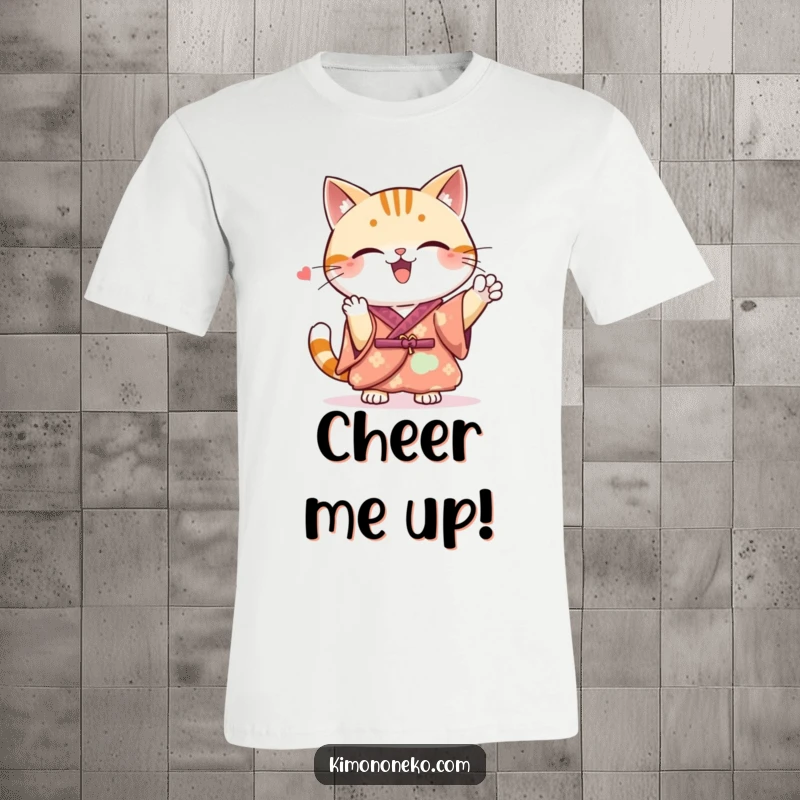 Funny Kawaii cat wearing a beautiful kimono, giving a spirited cheer with excitement, a vibrant t-shirt graphic.