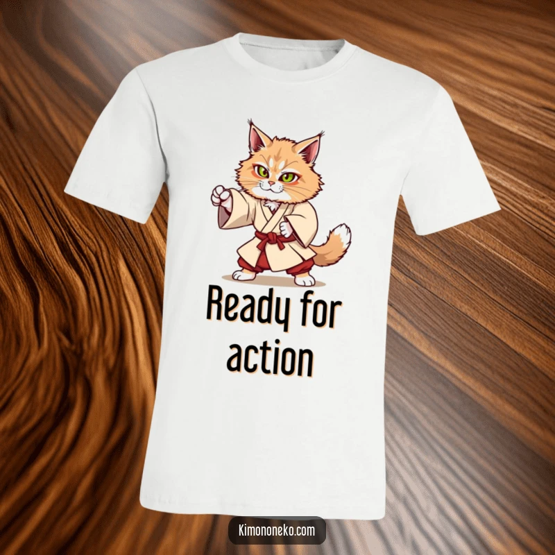 Funny Kawaii Maine Coon cat in sturdy kimono attempting a martial arts move, bold anime t-shirt.