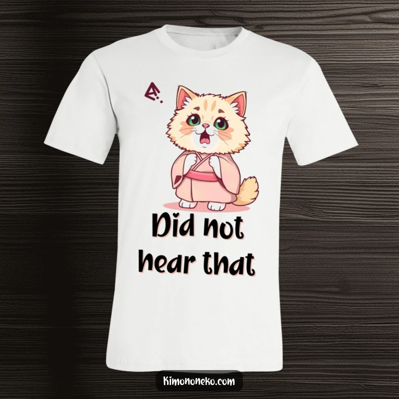 Funny Kawaii Persian Cat T-Shirt: A startled cat in an elegant kimono reacts humorously to a sound, its expression one of wide-eyed shock.