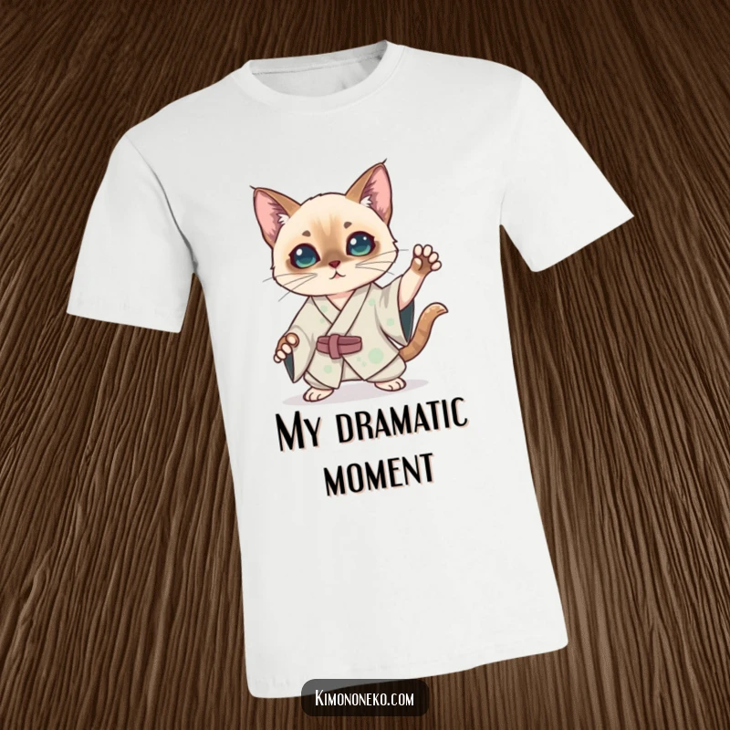 Funny kawaii Siamese cat in a silk kimono striking a dramatic pose on a t-shirt, a humorous and theatrical anime design.