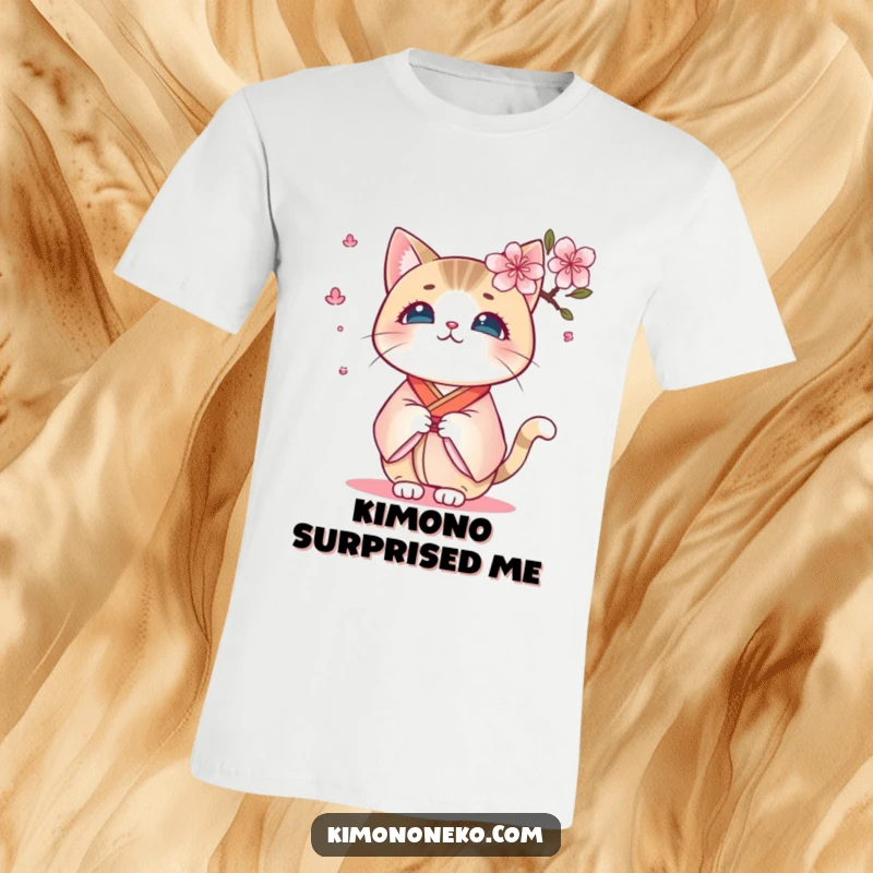 Funny Kimono Cat T-Shirt: A cute kawaii cat in a kimono looking shocked as a cherry blossom flutters nearby, a funny gift.