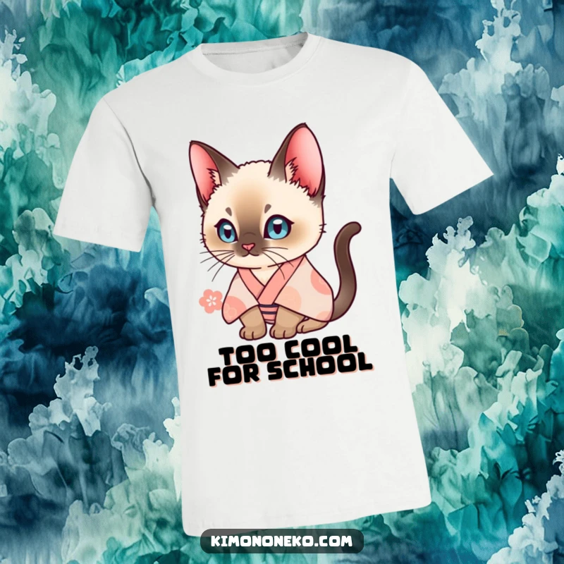 Funny Siamese cat in a patterned kimono, looking curious. A humorous t-shirt design for those who love cats and Japanese style.