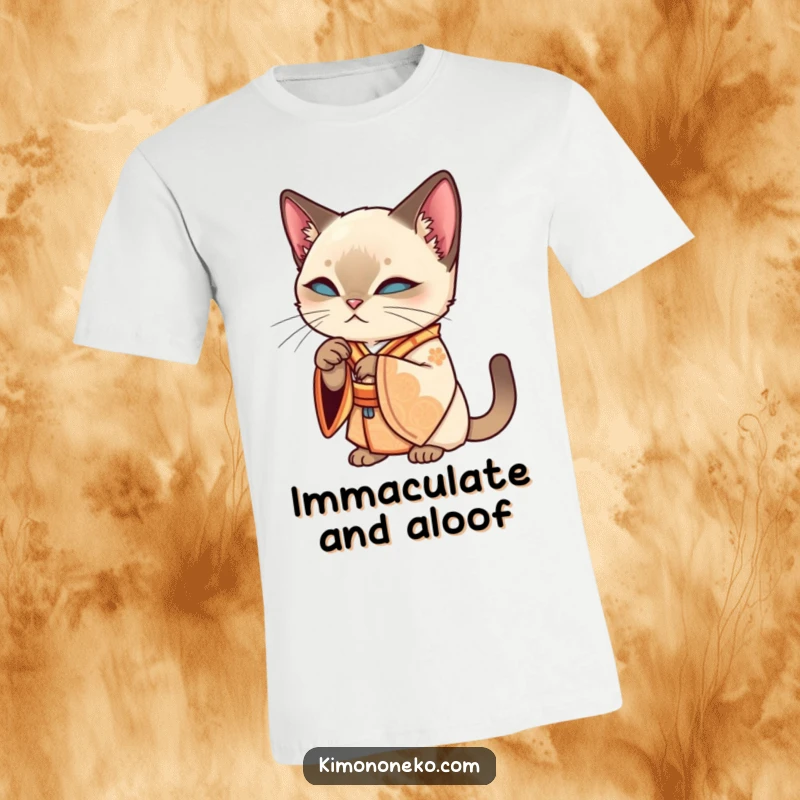 Funny Siamese kawaii cat in an ornate kimono, gracefully grooming its paw, printed on a fashionable and funny t-shirt.