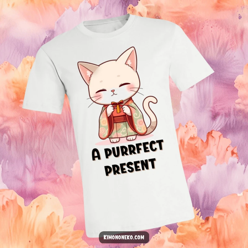 Funny sleek cat wearing an elegant kimono, extending a small gift on a comfortable t-shirt.