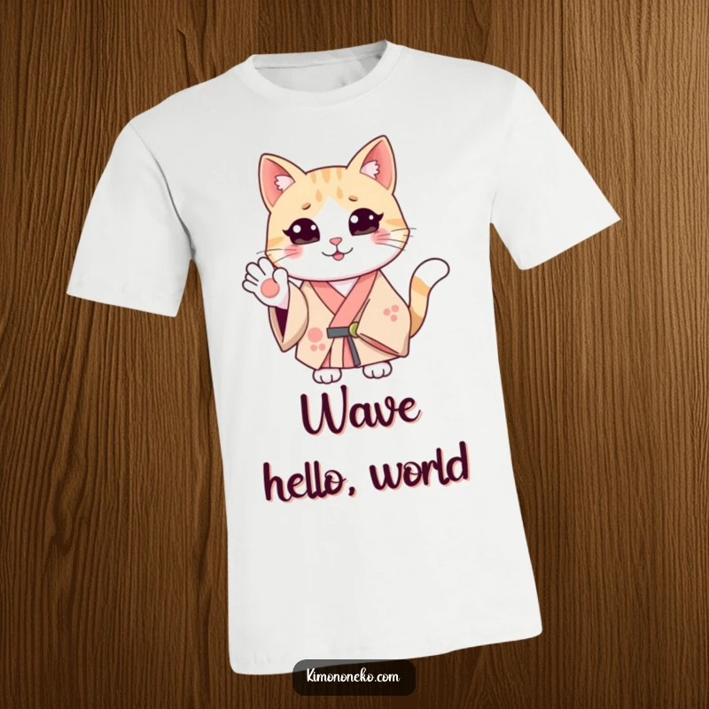 Funny smiling cat in a kimono, waving a friendly hello. A humorous t-shirt for anyone who loves happy cats.