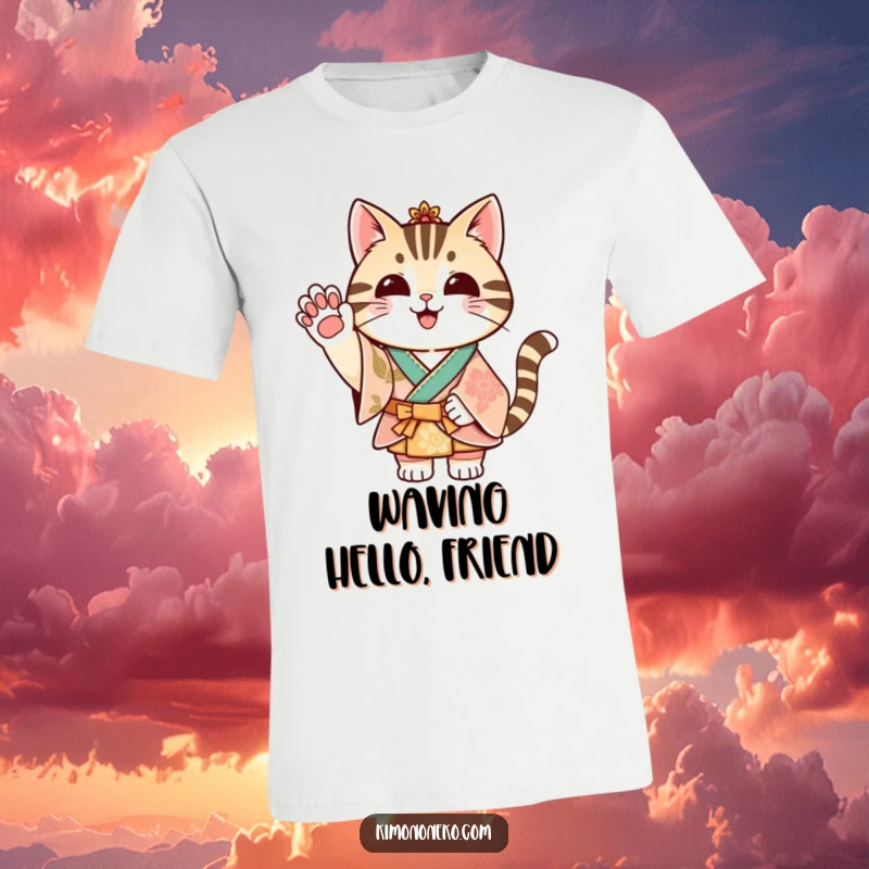 Funny striped cat wearing a festive kimono, waving its paw enthusiastically on a comfortable t-shirt.