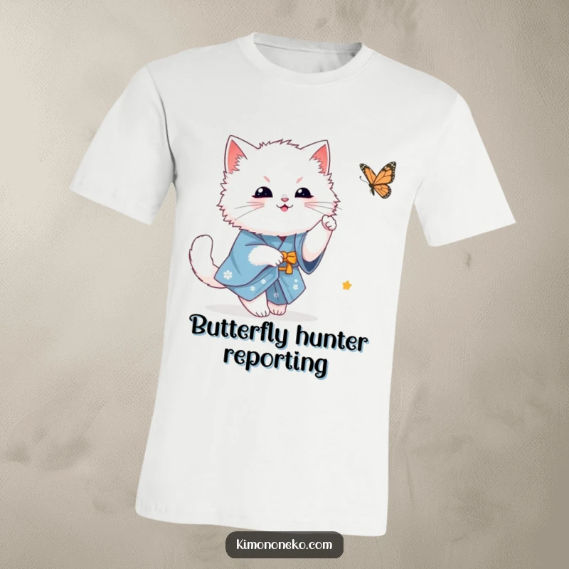 Funny fluffy white kawaii cat in a blue kimono chasing a butterfly with playful intent, a whimsical design on a t-shirt.