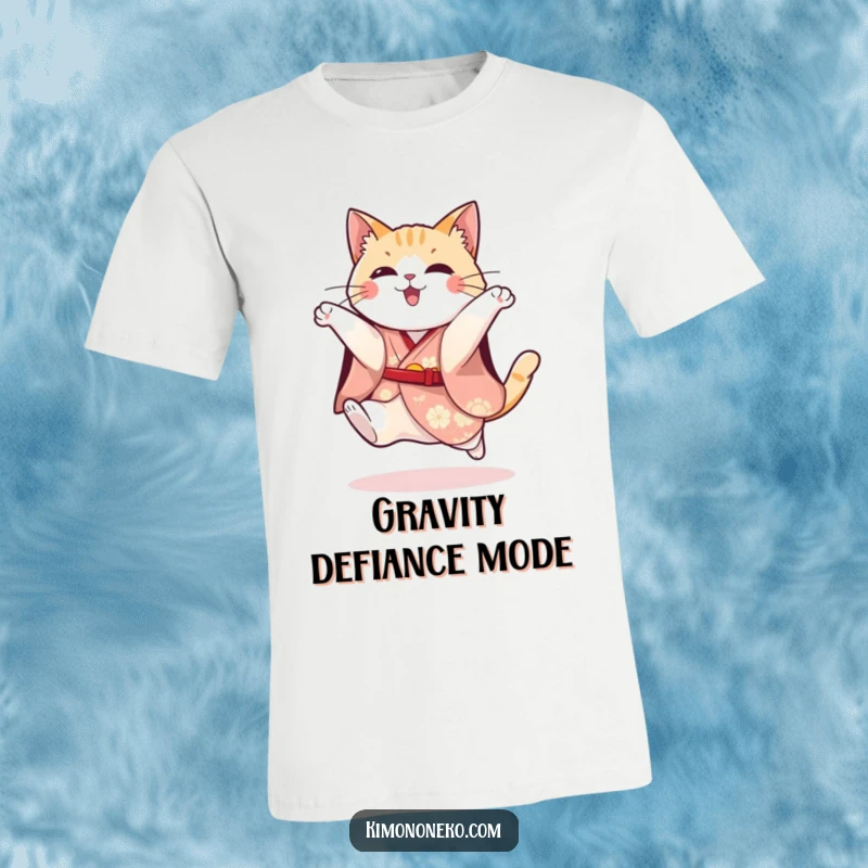 Funny t-shirt illustrating a playful cat in a festive kimono caught in mid-air during an energetic and humorous jump.