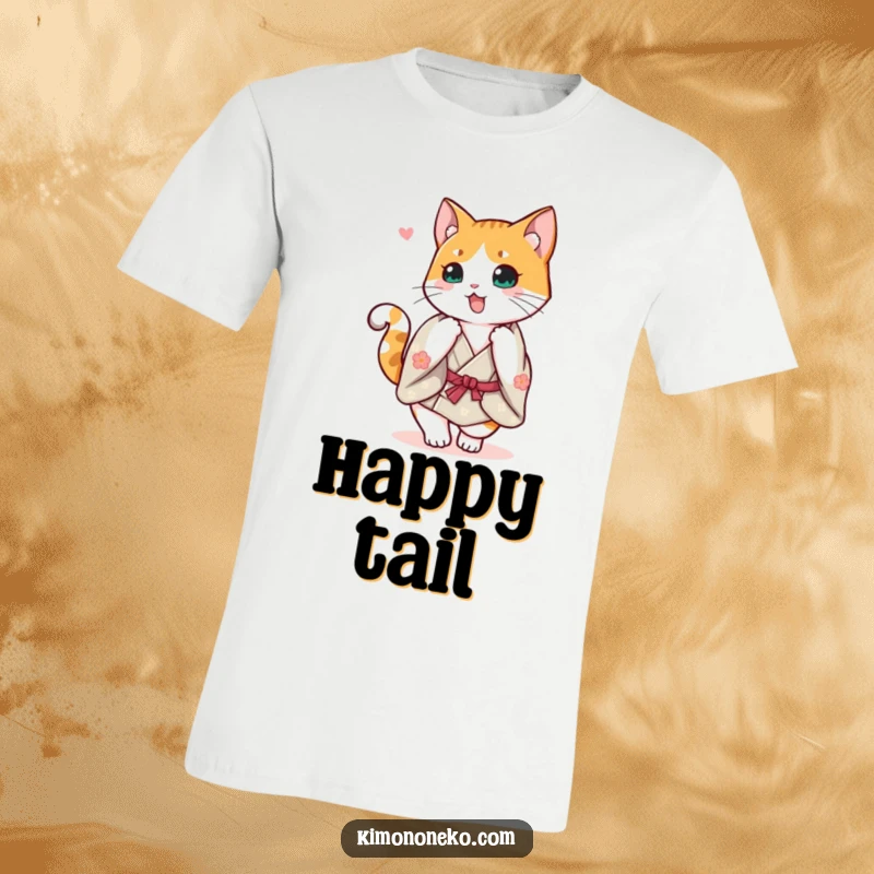 Funny Calico Cat Kimono T-Shirt: A cheerful calico cat in a kimono doing a happy spin with its tail up, bursting with happiness.