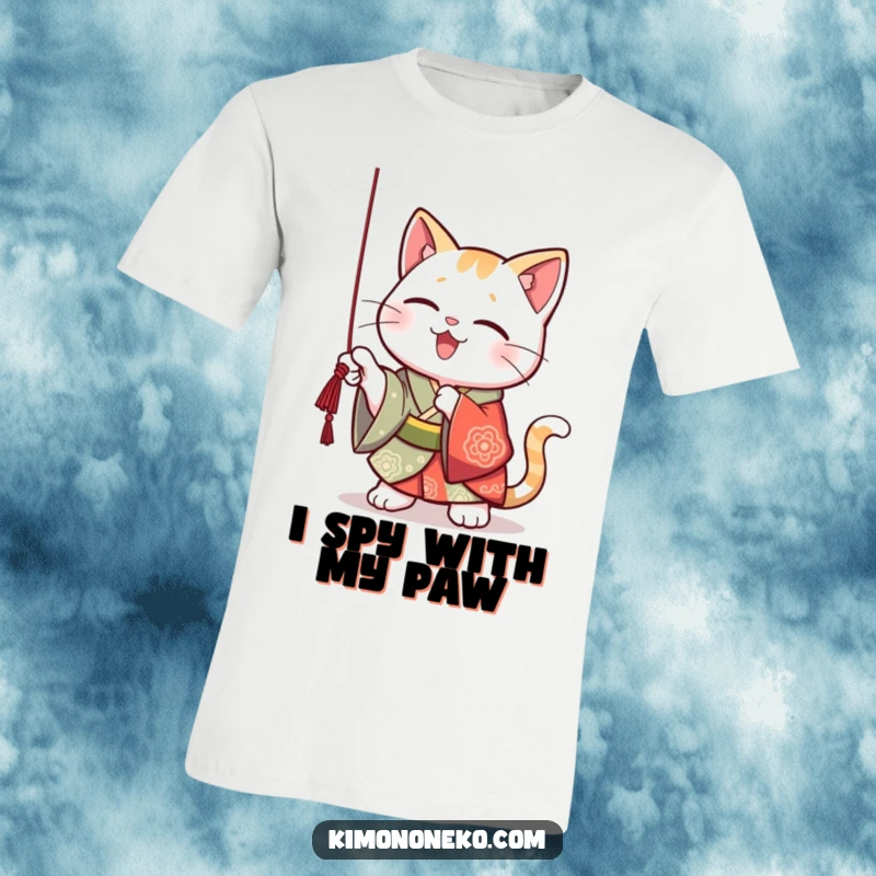 Funny Kawaii cat in a vibrant kimono, playfully batting at a dangling string, a joyous and mischievous pose.