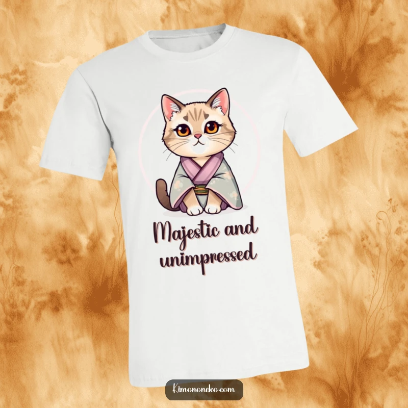 Funny t-shirt featuring a regal cat in a luxurious silk kimono sitting proudly, exuding quiet confidence and humor.
