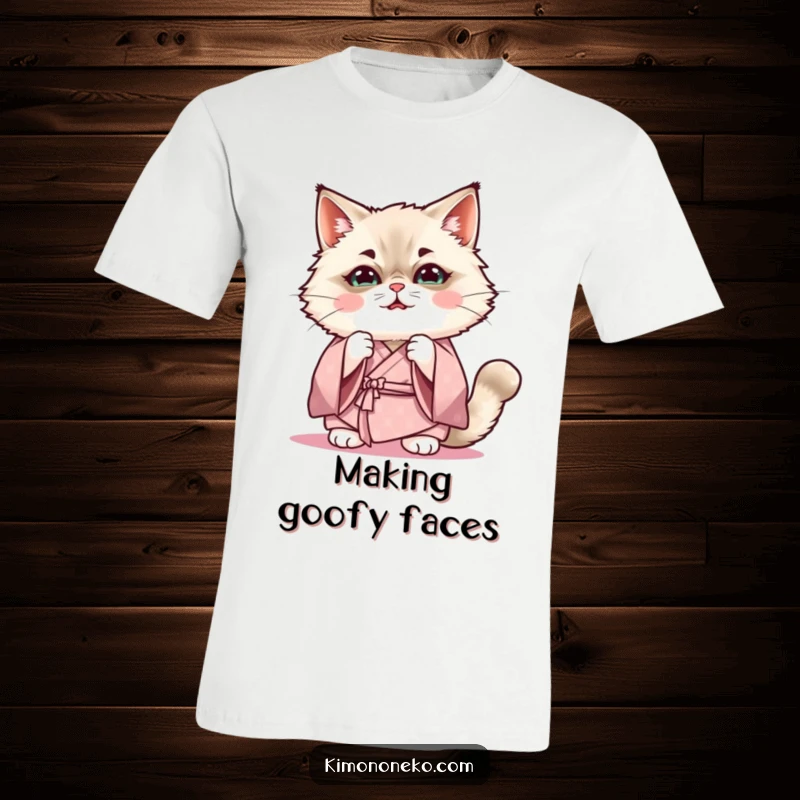Funny Kawaii Ragdoll cat in a soft kimono practicing a funny expression, cute anime t-shirt.