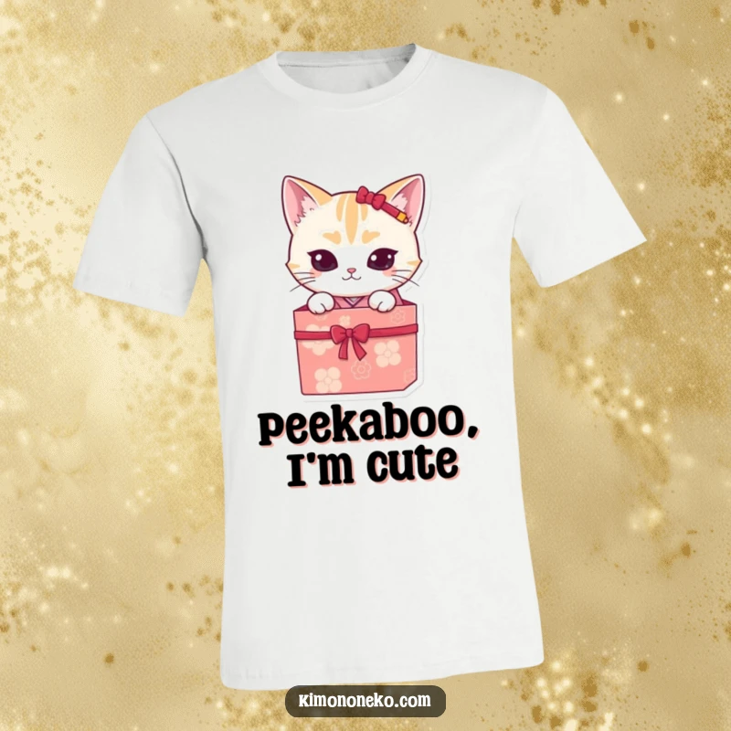 Funny mischievous kawaii cat in a kimono, peeking out of a gift box, on a comfortable and funny t-shirt.