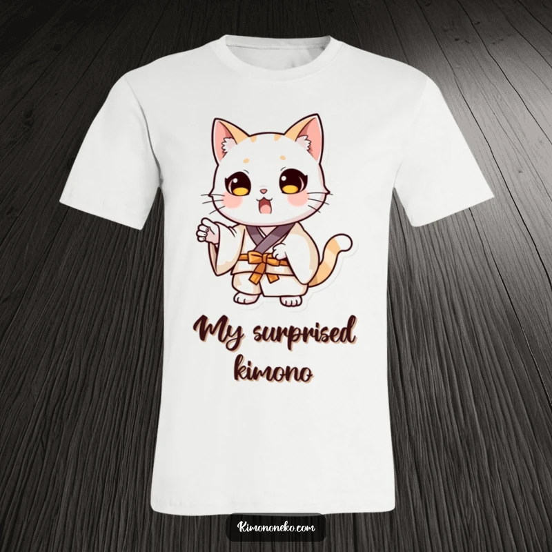 Funny kawaii cat in a kimono, caught in a dramatic and surprised pose, printed on a fun t-shirt.
