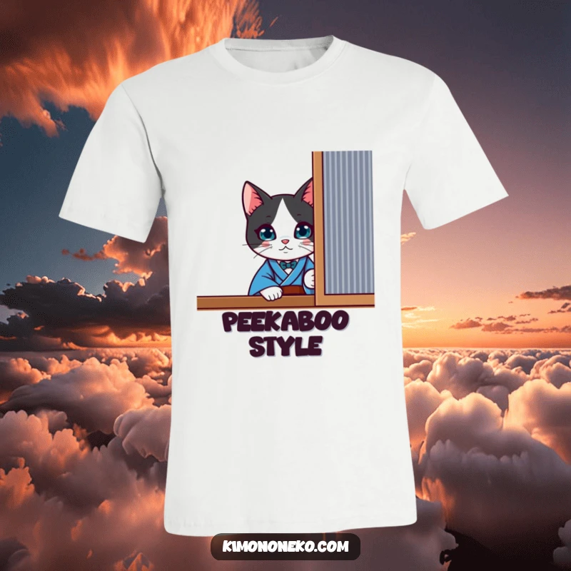 Funny curious kawaii tuxedo cat in a blue kimono, peeking playfully from behind a screen, printed on a soft t-shirt.