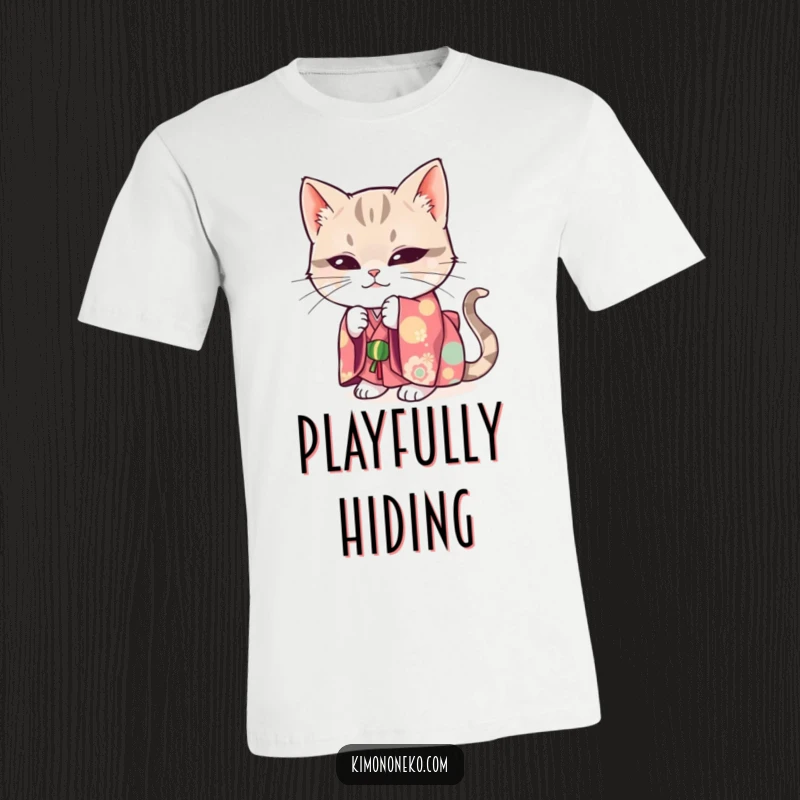 Funny t-shirt graphic of a mischievous cat wearing a bright kimono, hiding playfully.