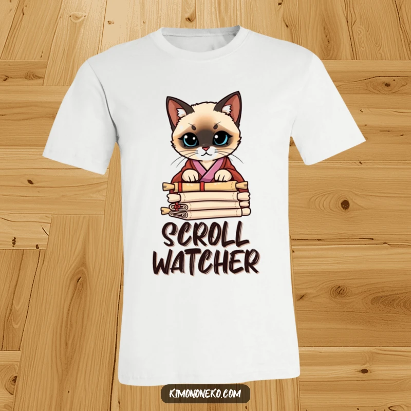 Funny Siamese Cat Kimono T-Shirt: A Siamese cat in a stylish kimono peering curiously over a stack of scrolls, full of wonder.