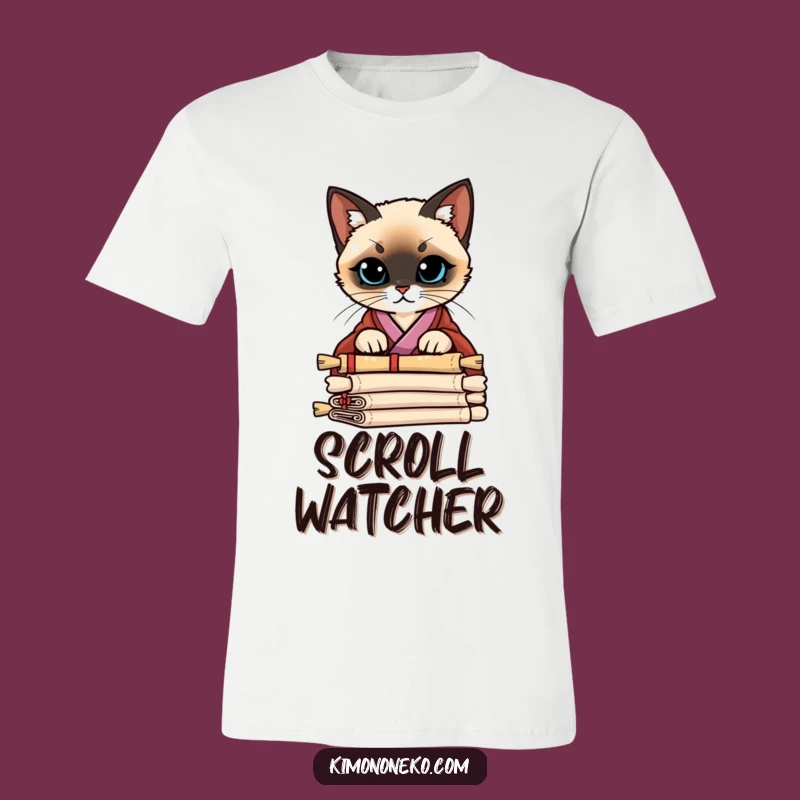 Funny Siamese Kimono T-Shirt: Curious Cat Scroll Peek Tee