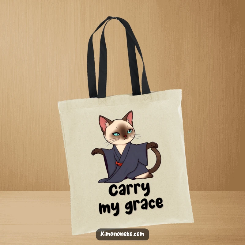 Funny Siamese Cat Tote Bag: A sleek Siamese cat in a dark kimono gracefully stretches, making this a stylish carrier.