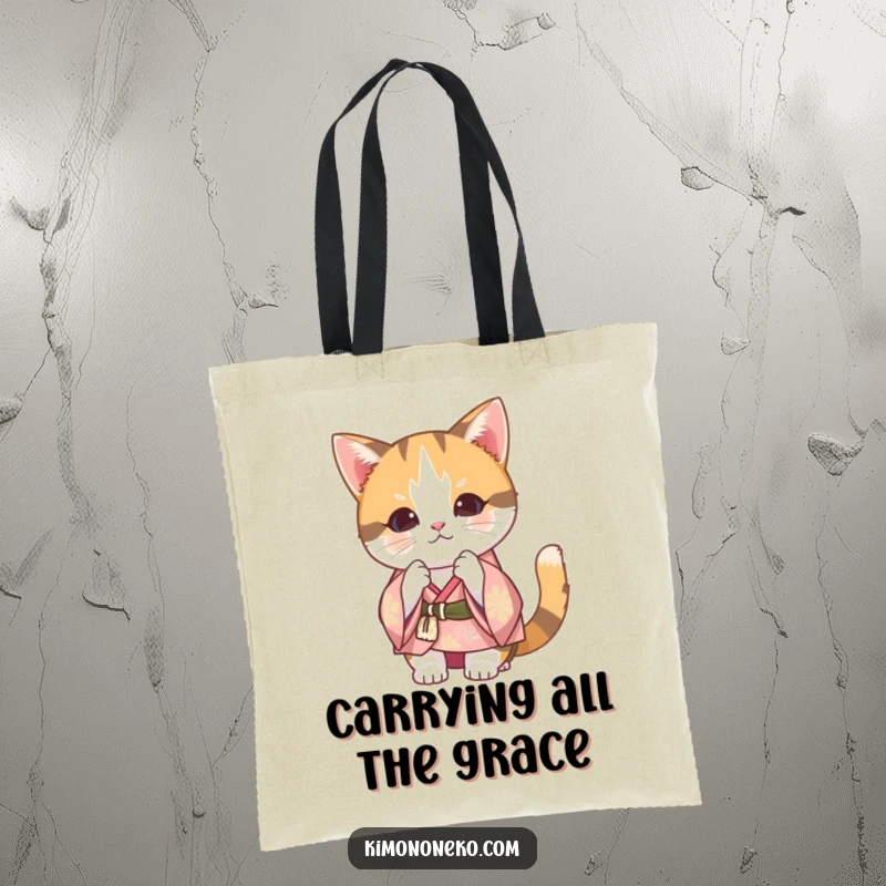 Funny Calico Cat Kimono Tote Bag: A Kawaii cat in a festive kimono bowing, perfect for carrying daily items with humor.