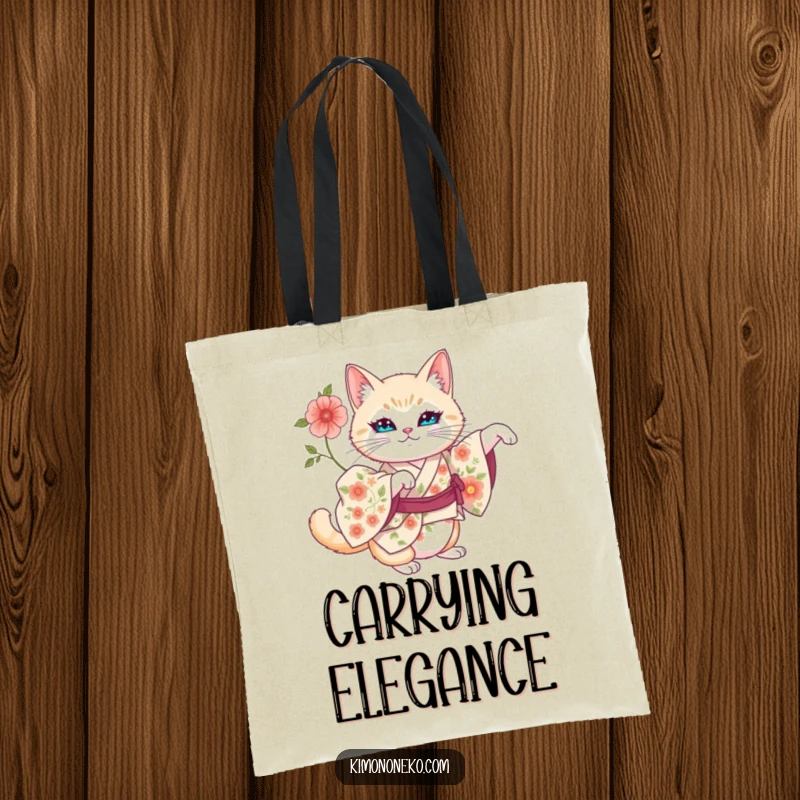 Funny tote bag showcasing an artistic cat in a floral kimono stretching majestically.