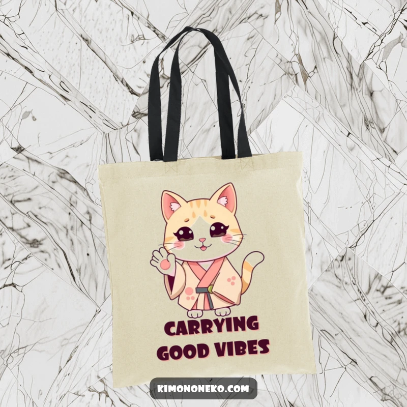 Funny smiling cat in a kimono, waving hello. A humorous tote bag for spreading cheer.