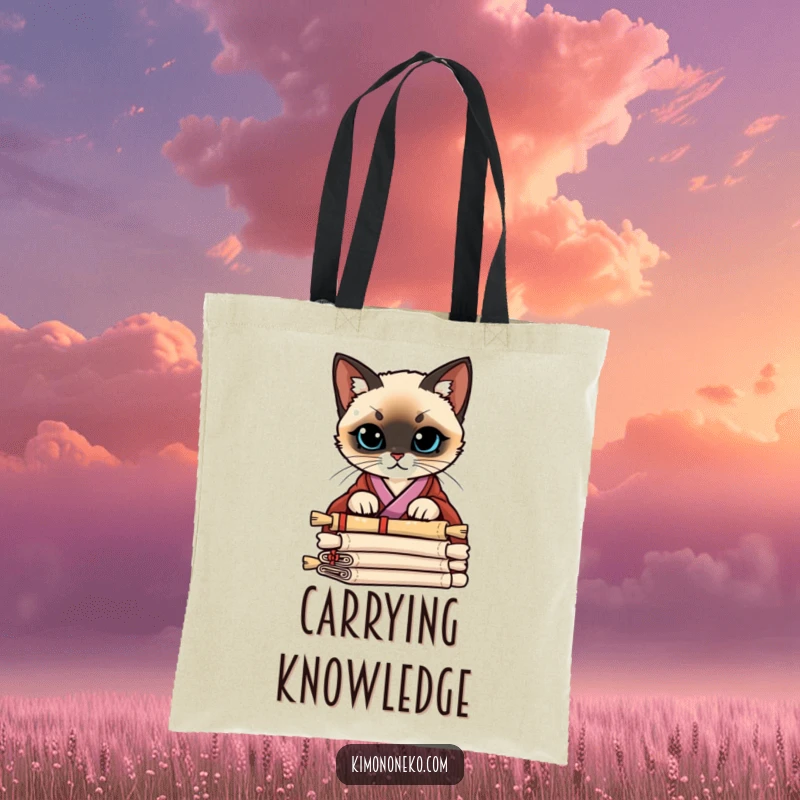 Funny Siamese Cat Kimono Tote Bag: A Siamese cat in a stylish kimono peering curiously over a stack of scrolls, a stylish accessory.