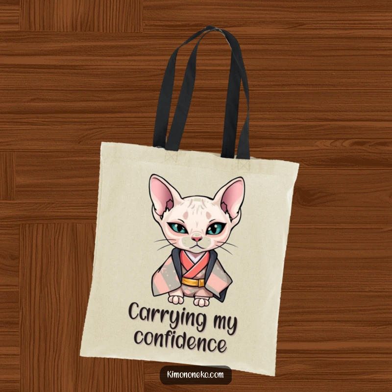 Funny Kawaii Sphynx cat in cool kimono giving a wink, stylish anime tote bag, gift.